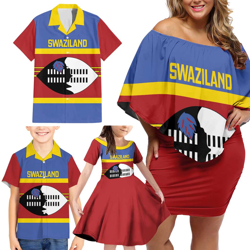 Swaziland Family Matching Off Shoulder Short Dress and Hawaiian Shirt Siyinqaba Eswatini Flag Style - Wonder Print Shop