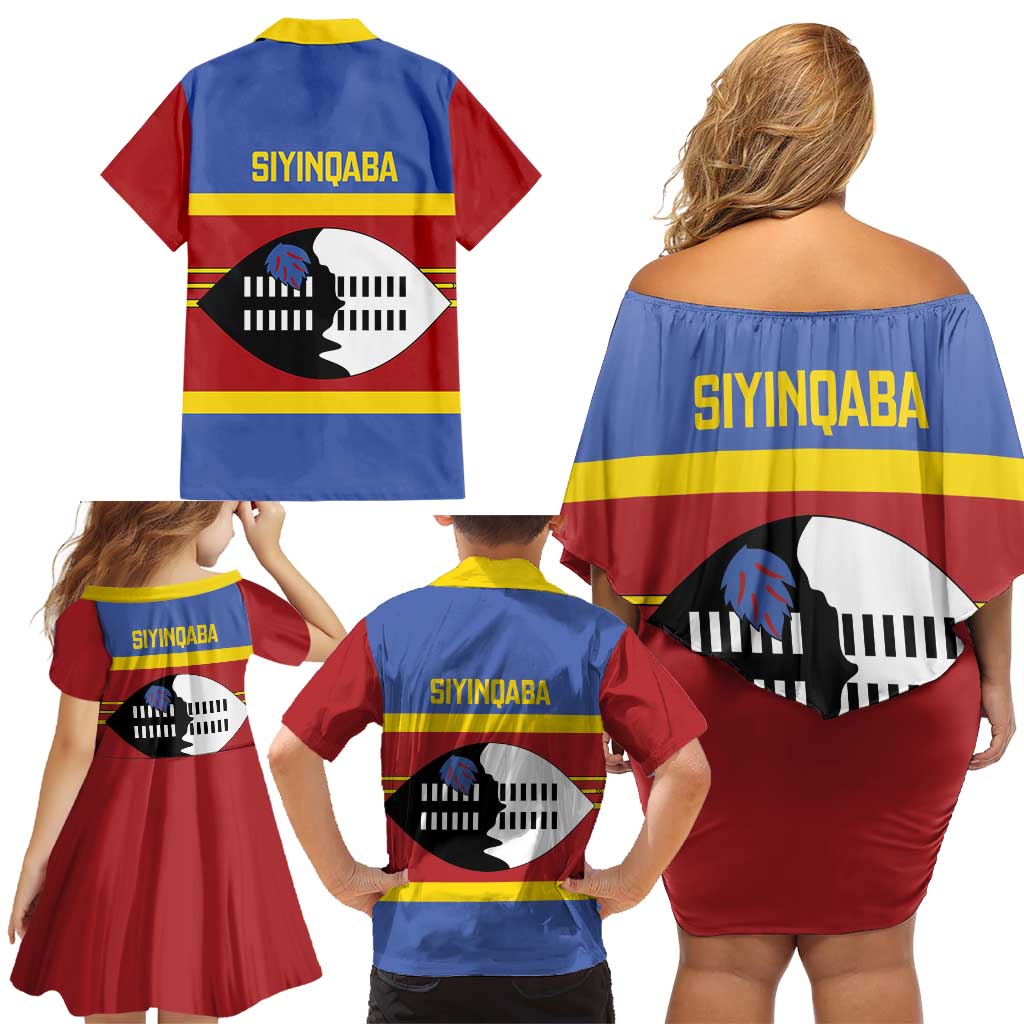 Swaziland Family Matching Off Shoulder Short Dress and Hawaiian Shirt Siyinqaba Eswatini Flag Style - Wonder Print Shop