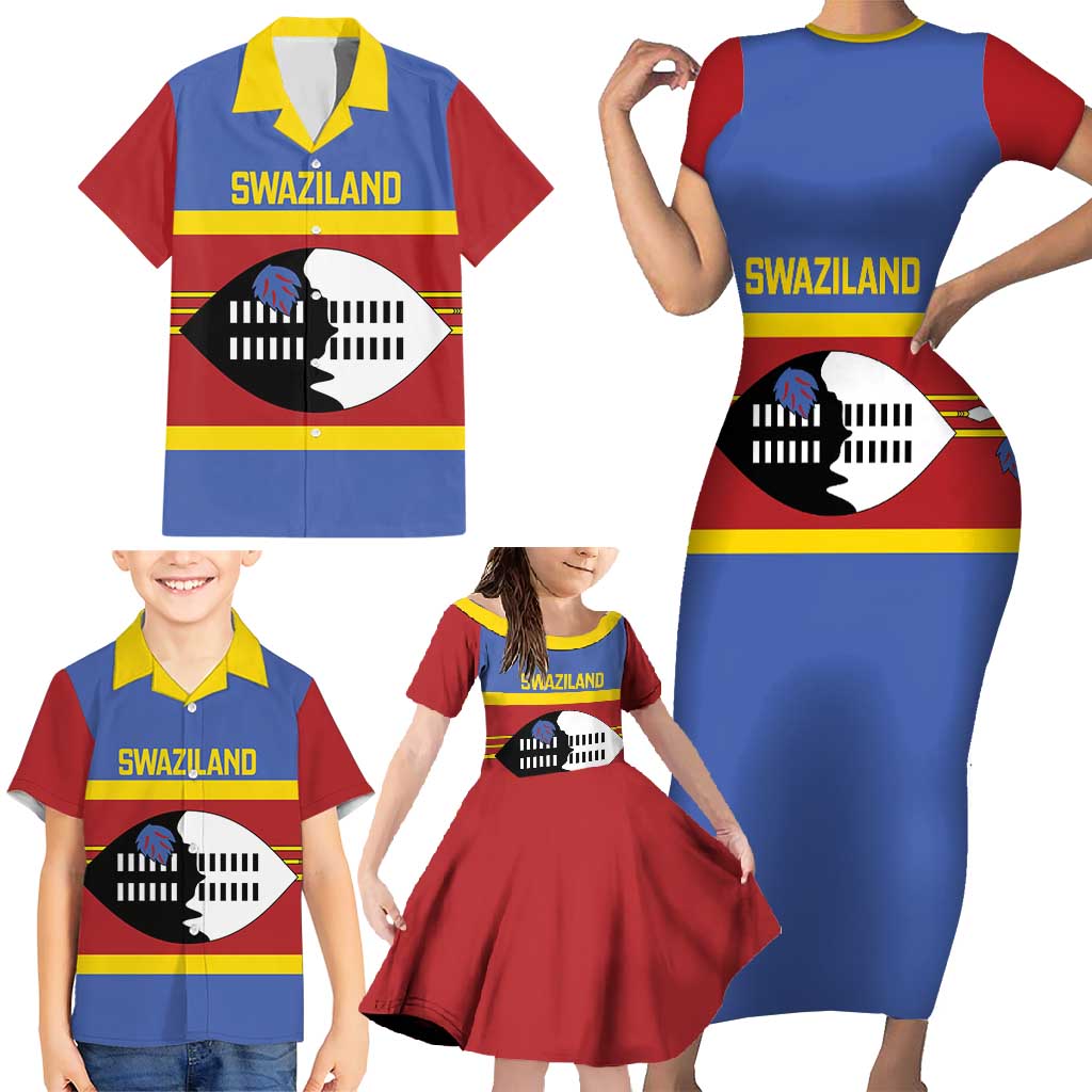 Swaziland Family Matching Short Sleeve Bodycon Dress and Hawaiian Shirt Siyinqaba Eswatini Flag Style - Wonder Print Shop