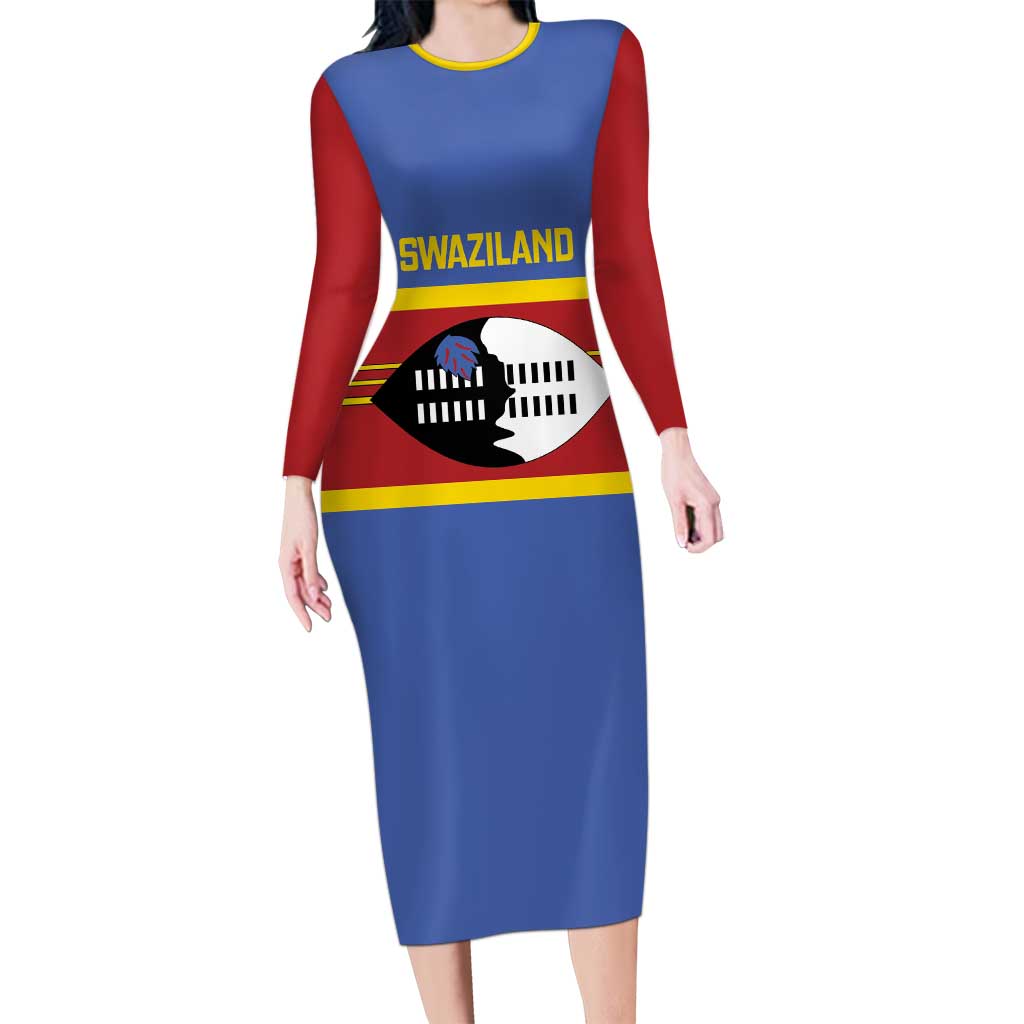 Swaziland Long Sleeve Bodycon Dress Siyinqaba Eswatini Flag Style - Wonder Print Shop
