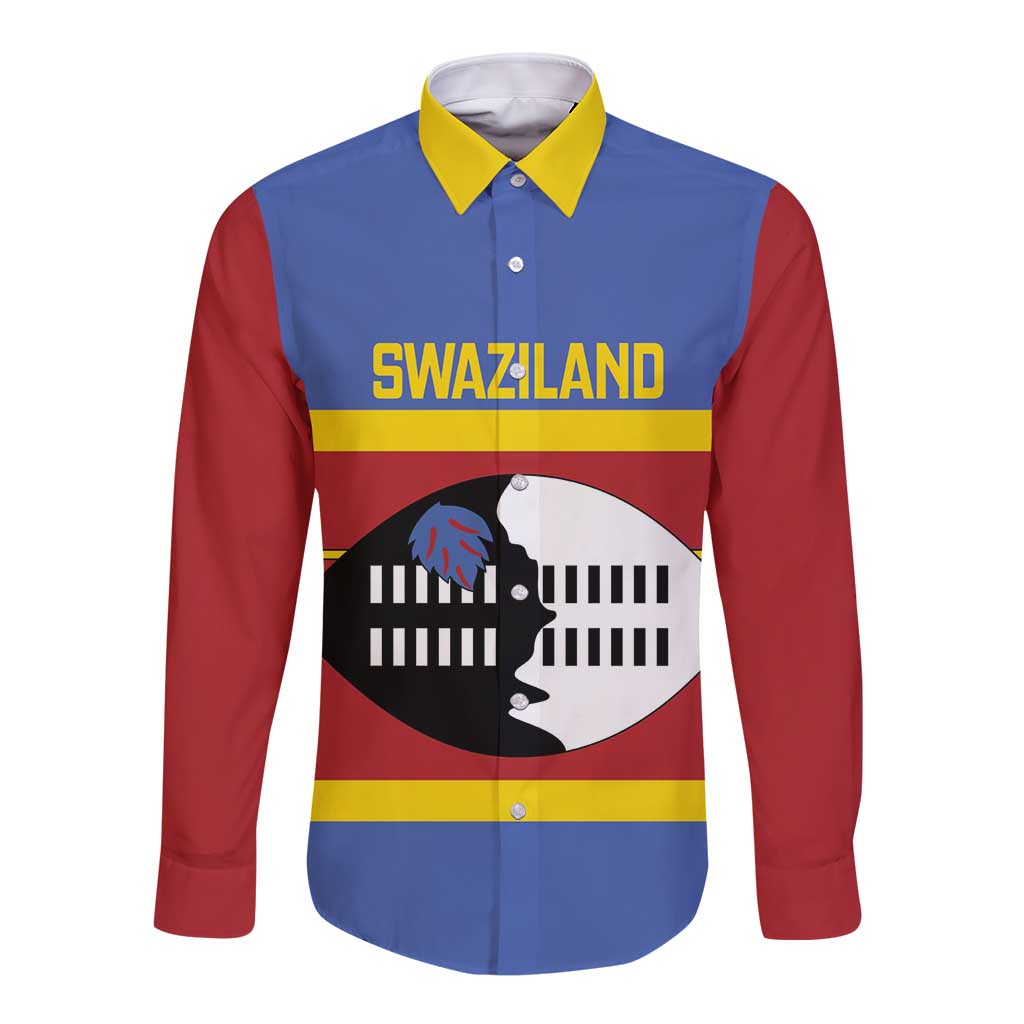 Swaziland Long Sleeve Button Shirt Siyinqaba Eswatini Flag Style - Wonder Print Shop
