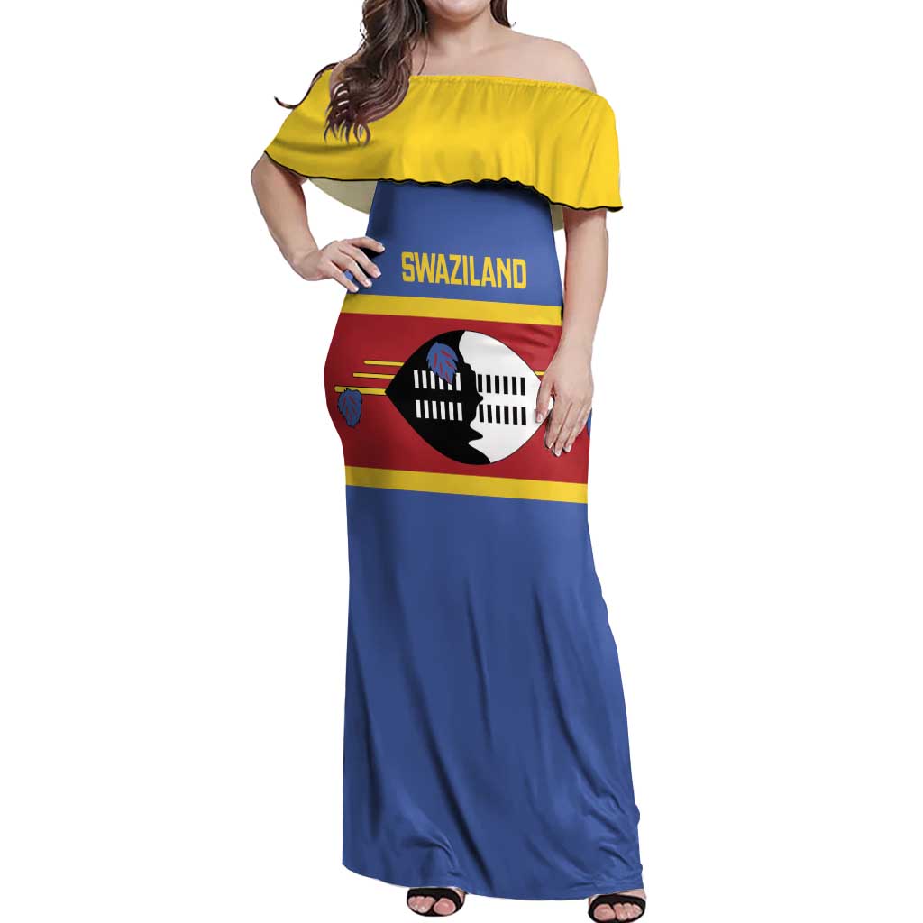 Swaziland Off Shoulder Maxi Dress Siyinqaba Eswatini Flag Style - Wonder Print Shop