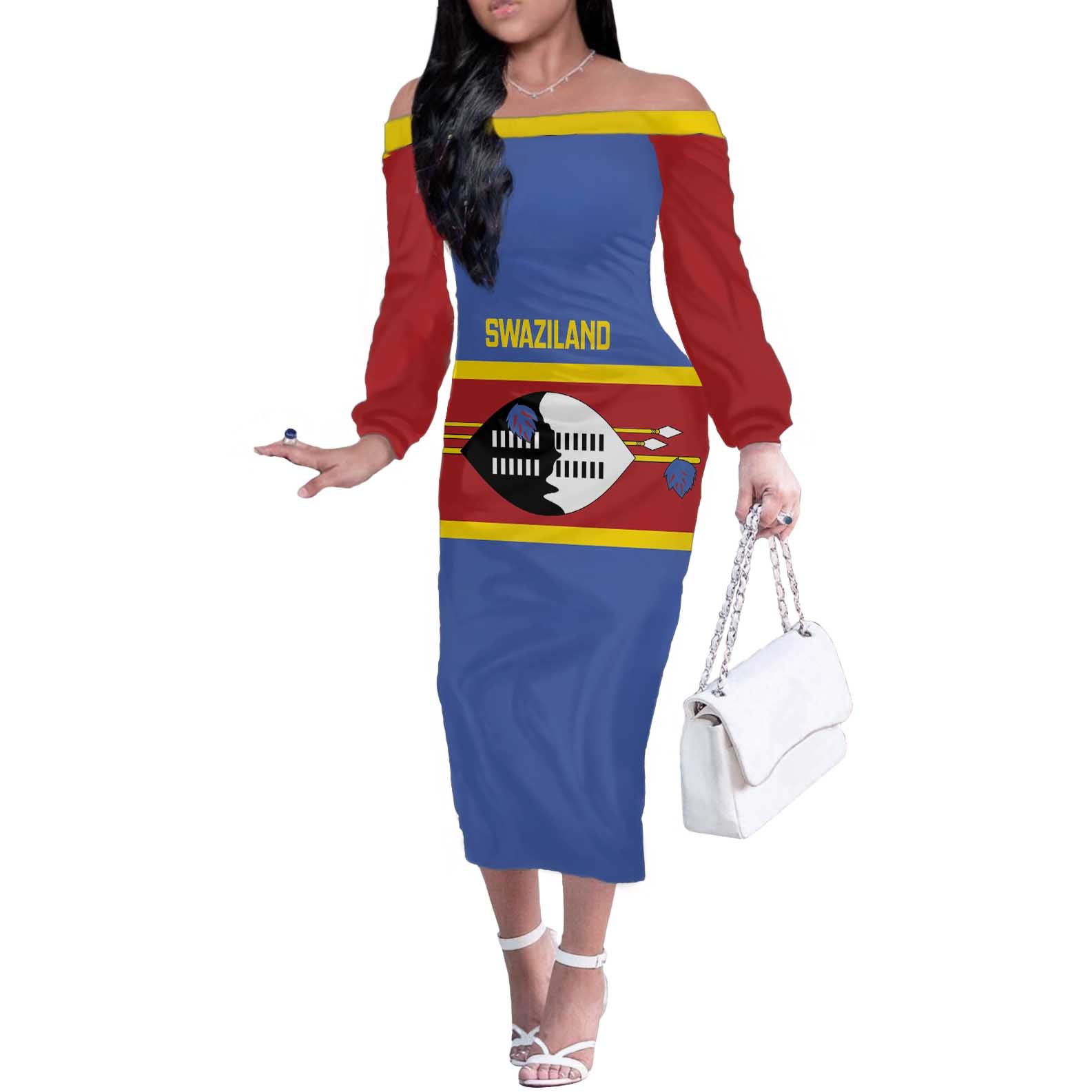 Swaziland Off The Shoulder Long Sleeve Dress Siyinqaba Eswatini Flag Style - Wonder Print Shop
