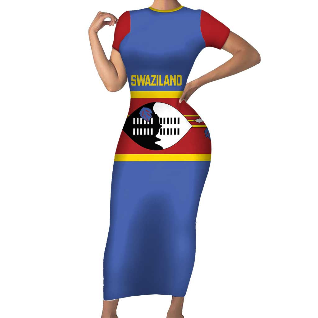 Swaziland Short Sleeve Bodycon Dress Siyinqaba Eswatini Flag Style - Wonder Print Shop