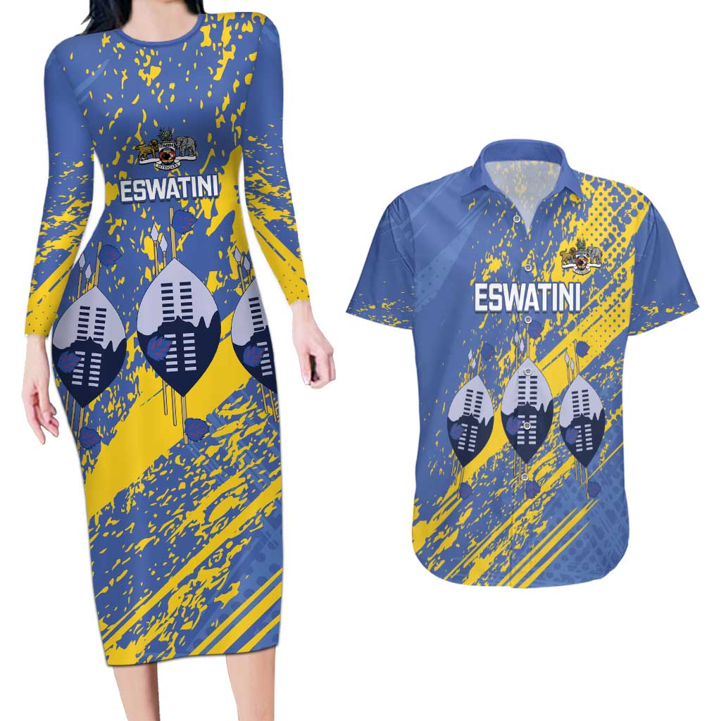 Eswatini Football Custom Couples Matching Long Sleeve Bodycon Dress and Hawaiian Shirt Sihlangu Semnikati Blue - Wonder Print Shop