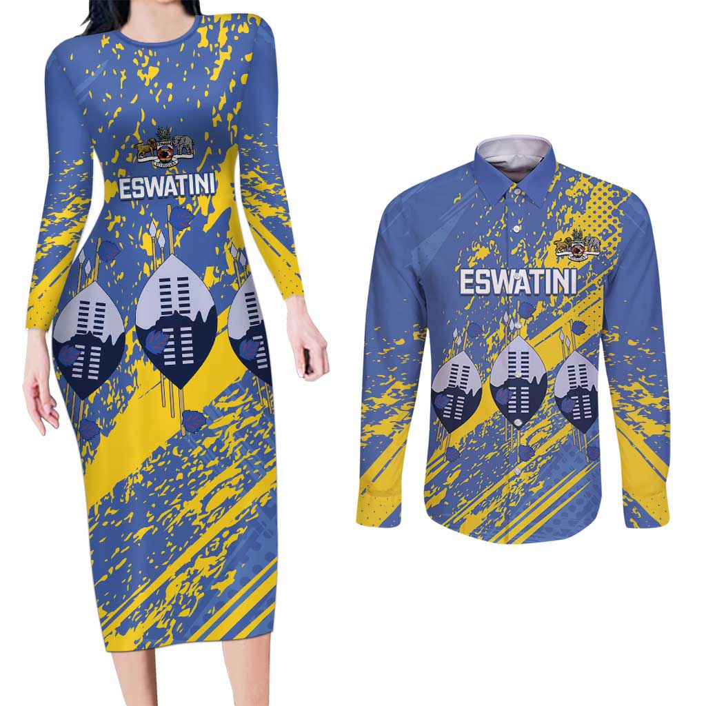 Eswatini Football Custom Couples Matching Long Sleeve Bodycon Dress and Long Sleeve Button Shirt Sihlangu Semnikati Blue - Wonder Print Shop