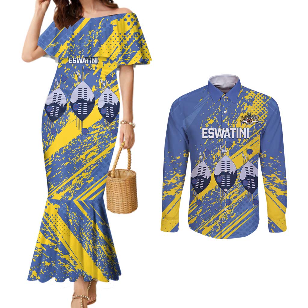 Eswatini Football Custom Couples Matching Mermaid Dress and Long Sleeve Button Shirt Sihlangu Semnikati Blue - Wonder Print Shop