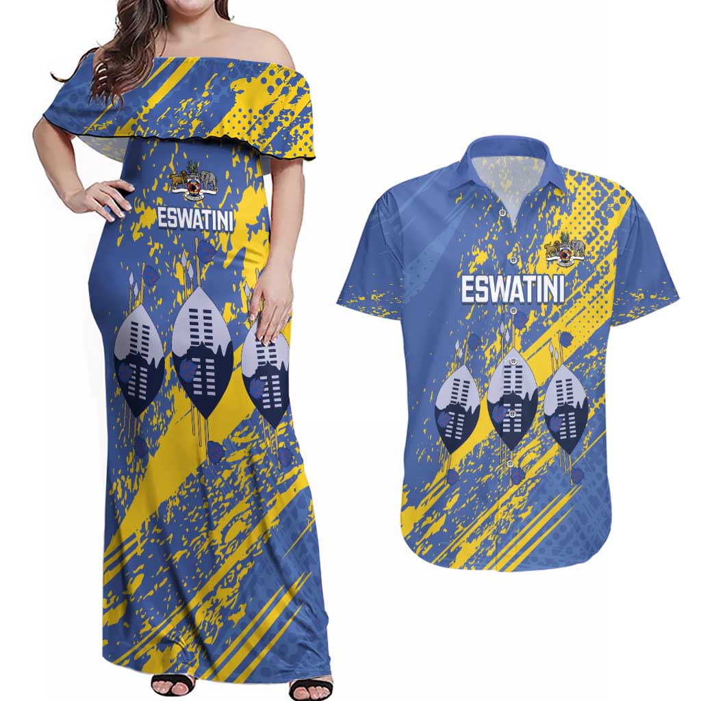 Eswatini Football Custom Couples Matching Off Shoulder Maxi Dress and Hawaiian Shirt Sihlangu Semnikati Blue - Wonder Print Shop