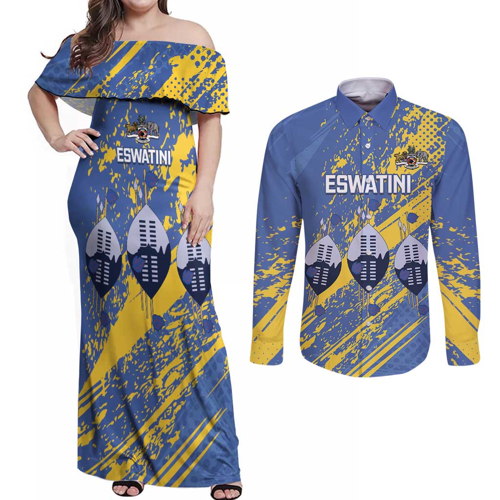 Eswatini Football Custom Couples Matching Off Shoulder Maxi Dress and Long Sleeve Button Shirt Sihlangu Semnikati Blue - Wonder Print Shop
