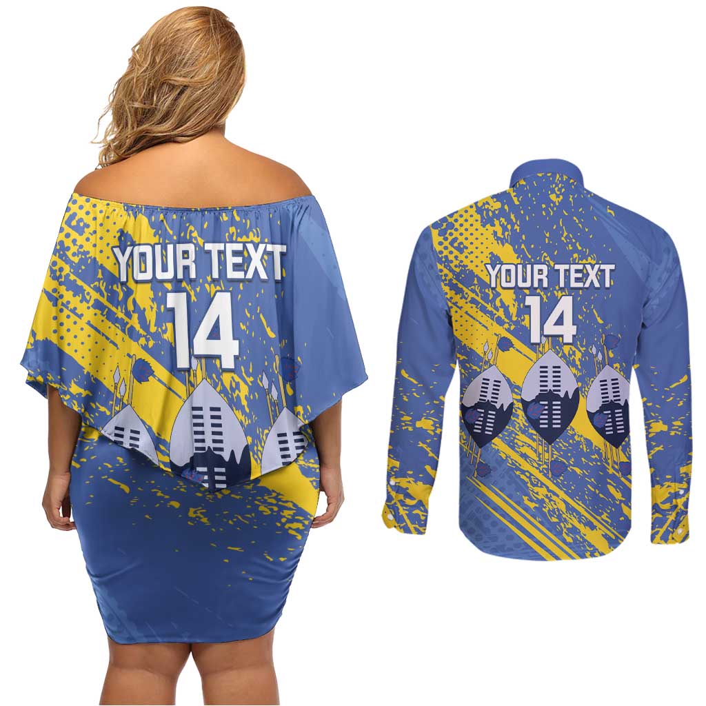 Eswatini Football Custom Couples Matching Off Shoulder Short Dress and Long Sleeve Button Shirt Sihlangu Semnikati Blue - Wonder Print Shop