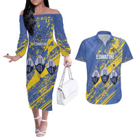 Eswatini Football Custom Couples Matching Off The Shoulder Long Sleeve Dress and Hawaiian Shirt Sihlangu Semnikati Blue - Wonder Print Shop