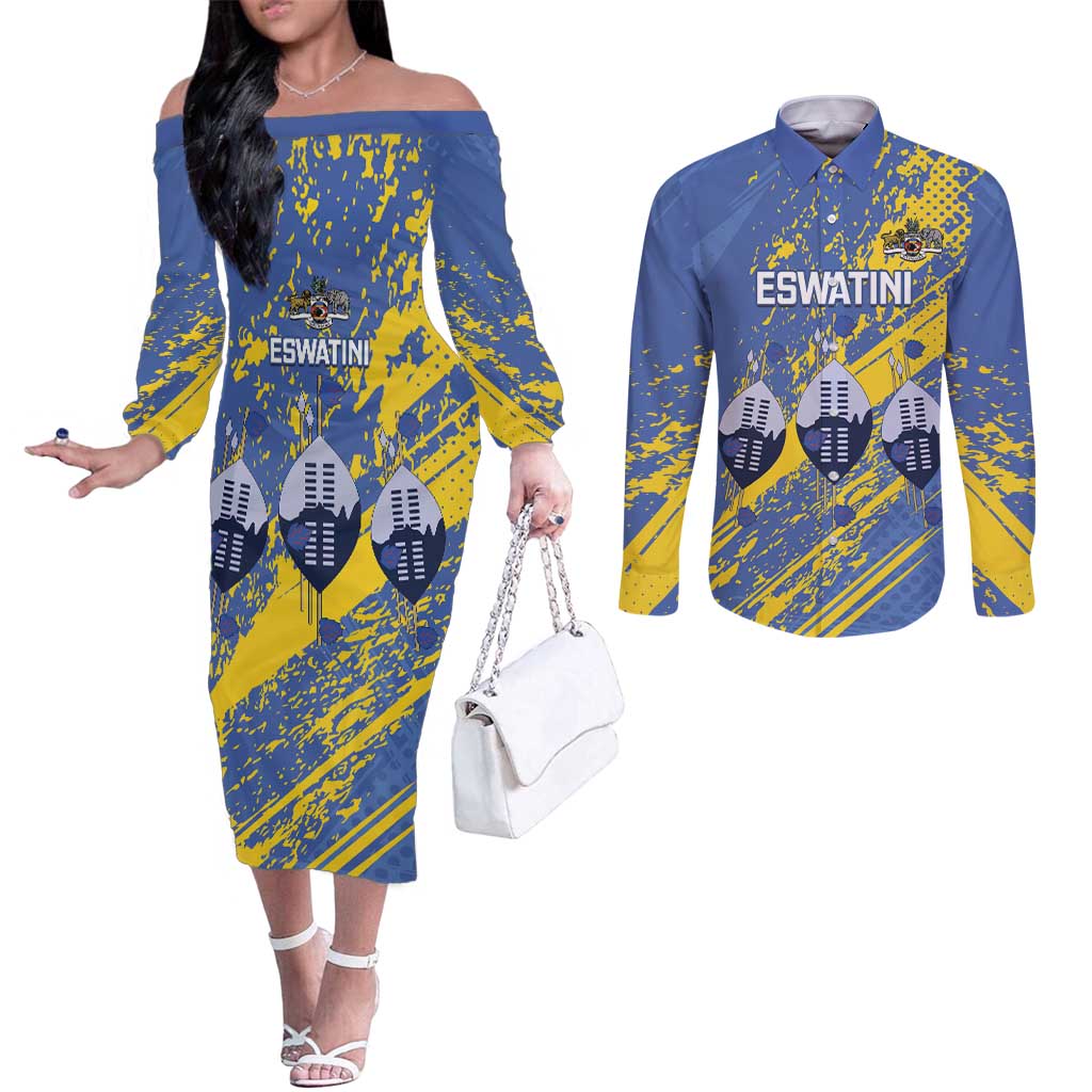 Eswatini Football Custom Couples Matching Off The Shoulder Long Sleeve Dress and Long Sleeve Button Shirt Sihlangu Semnikati Blue - Wonder Print Shop