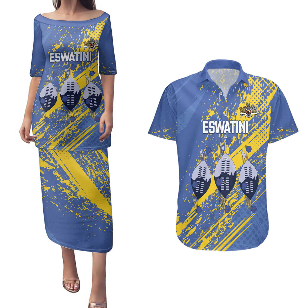 Eswatini Football Custom Couples Matching Puletasi and Hawaiian Shirt Sihlangu Semnikati Blue - Wonder Print Shop