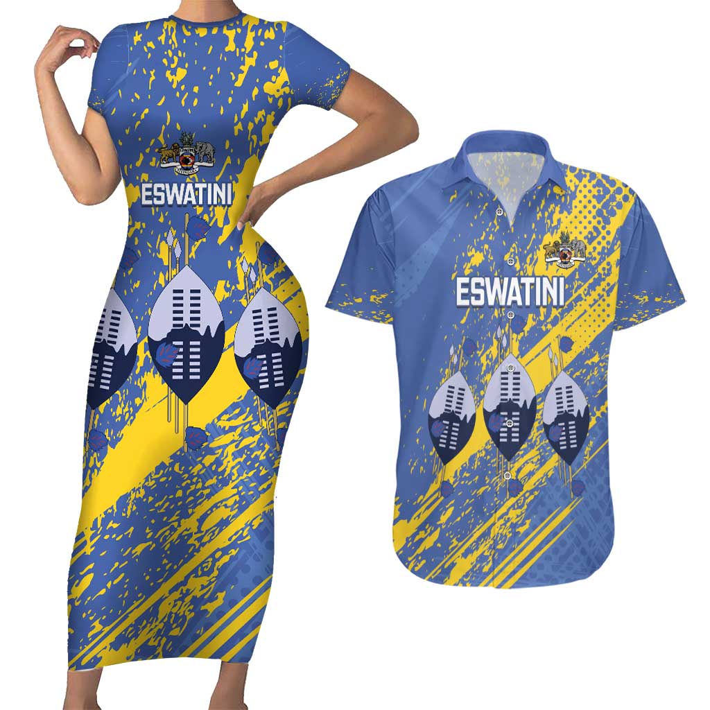 Eswatini Football Custom Couples Matching Short Sleeve Bodycon Dress and Hawaiian Shirt Sihlangu Semnikati Blue - Wonder Print Shop