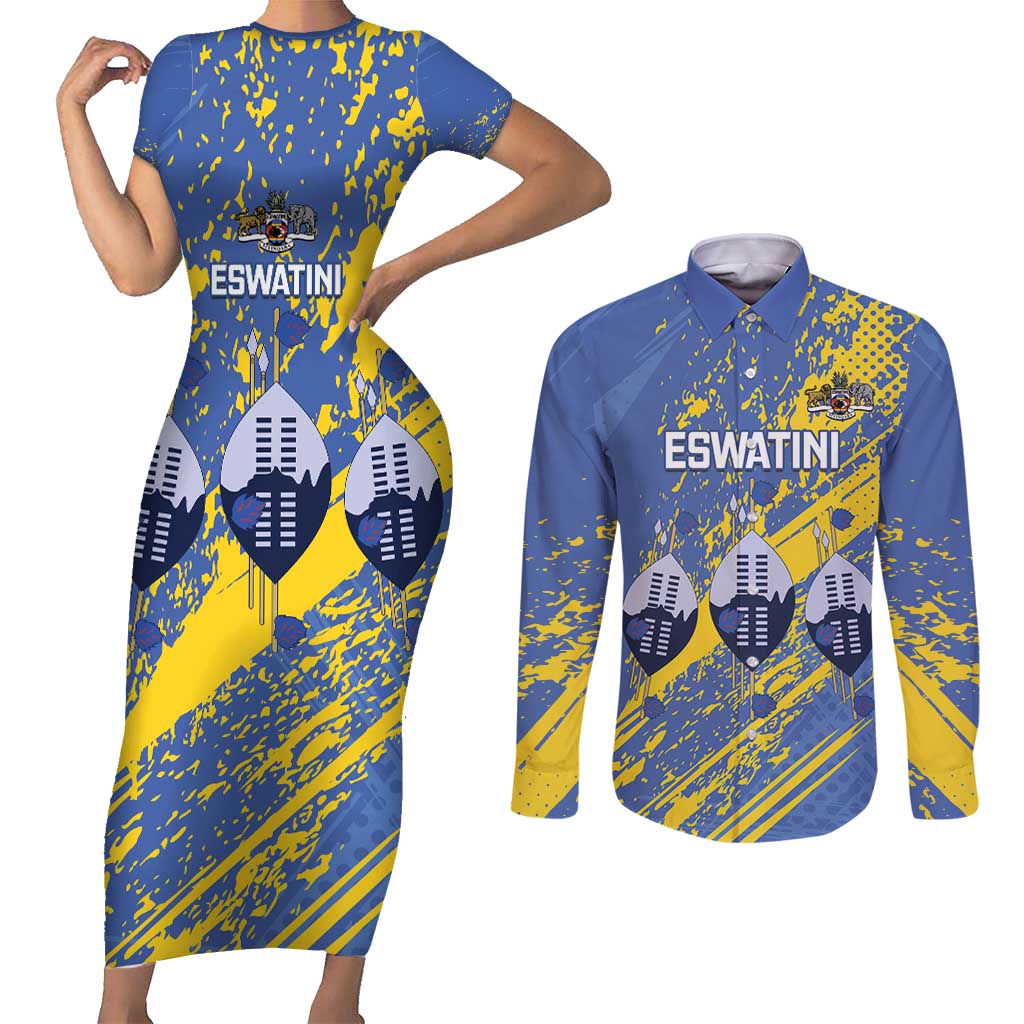 Eswatini Football Custom Couples Matching Short Sleeve Bodycon Dress and Long Sleeve Button Shirt Sihlangu Semnikati Blue - Wonder Print Shop
