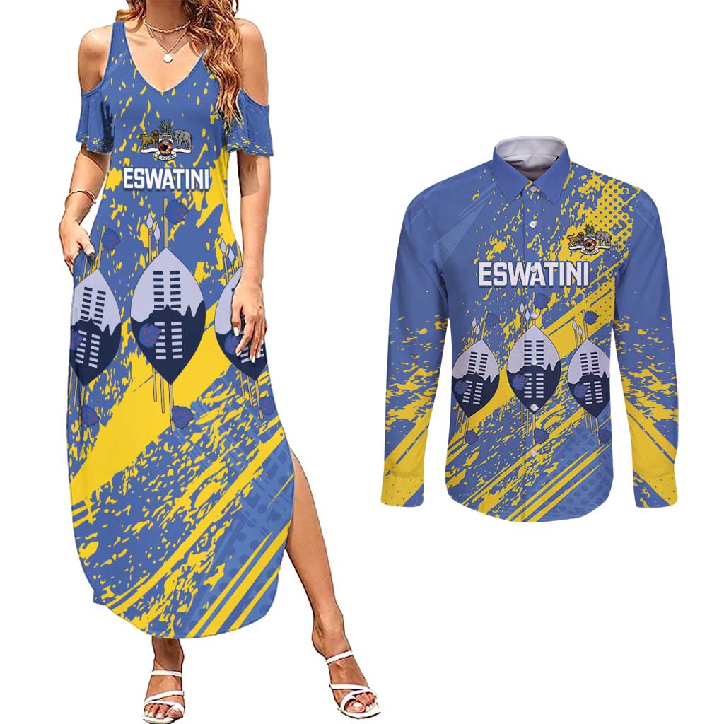 Eswatini Football Custom Couples Matching Summer Maxi Dress and Long Sleeve Button Shirt Sihlangu Semnikati Blue - Wonder Print Shop
