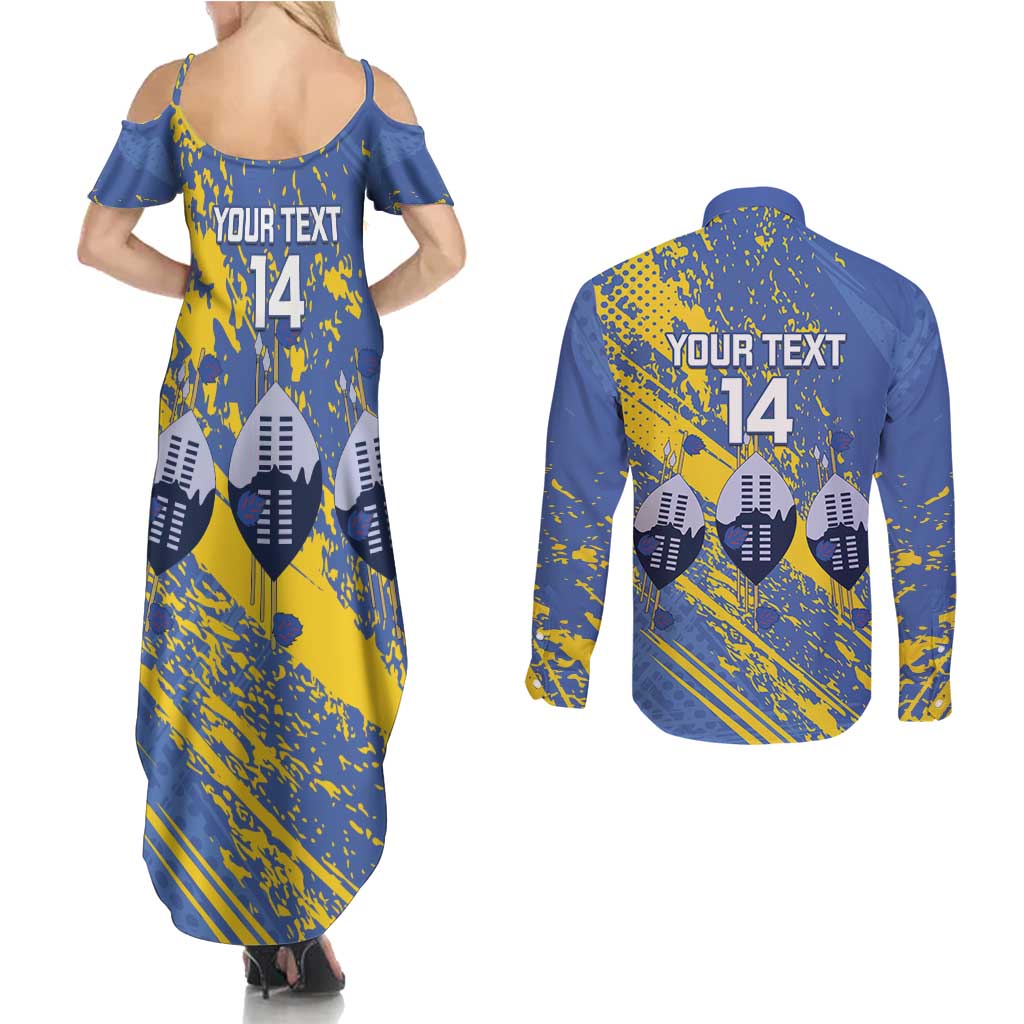 Eswatini Football Custom Couples Matching Summer Maxi Dress and Long Sleeve Button Shirt Sihlangu Semnikati Blue - Wonder Print Shop