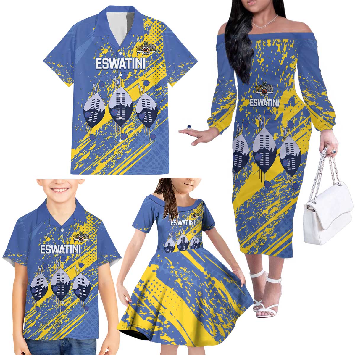 Eswatini Football Custom Family Matching Off The Shoulder Long Sleeve Dress and Hawaiian Shirt Sihlangu Semnikati Blue - Wonder Print Shop