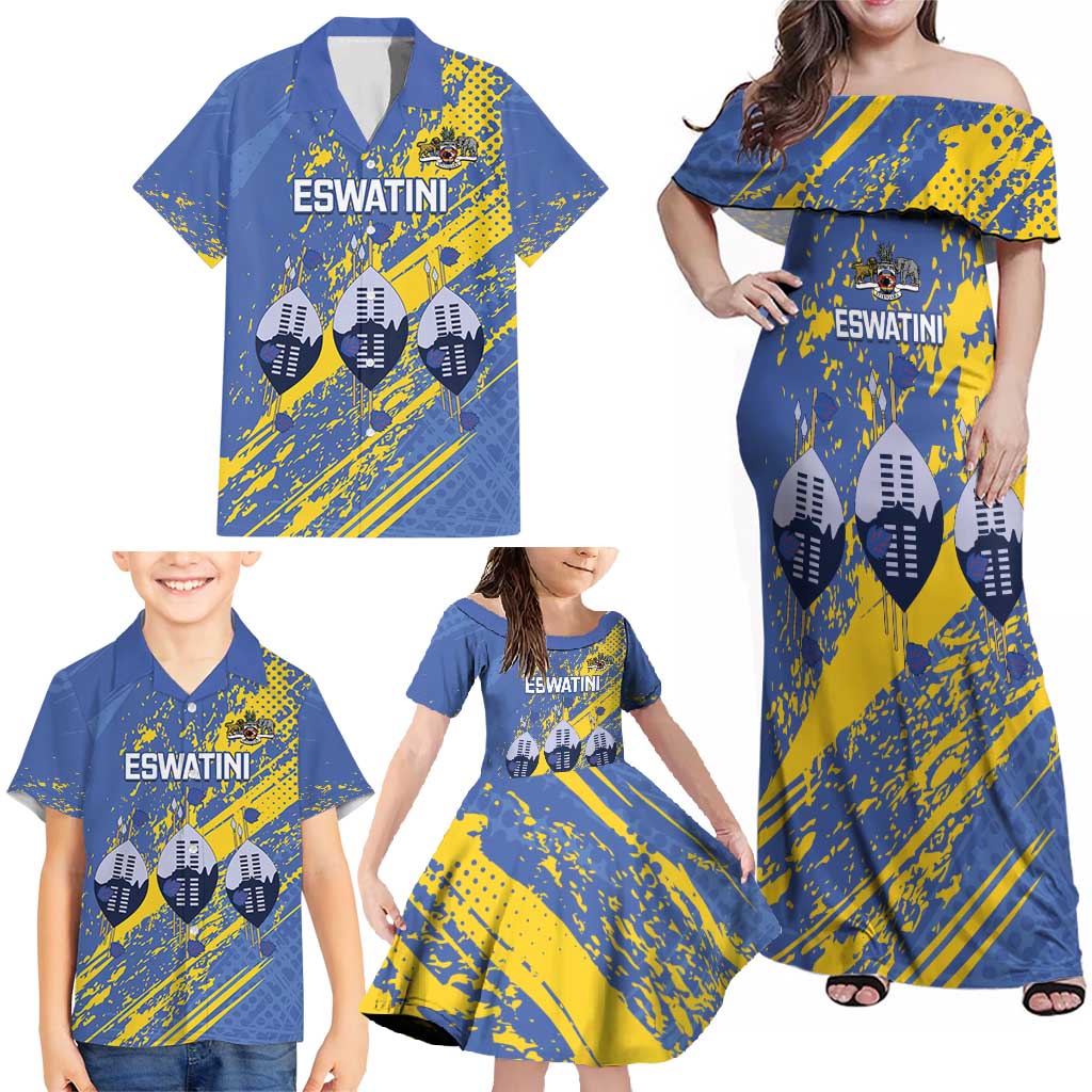 Eswatini Football Custom Family Matching Off Shoulder Maxi Dress and Hawaiian Shirt Sihlangu Semnikati Blue - Wonder Print Shop