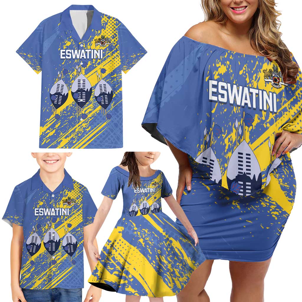 Eswatini Football Custom Family Matching Off Shoulder Short Dress and Hawaiian Shirt Sihlangu Semnikati Blue - Wonder Print Shop