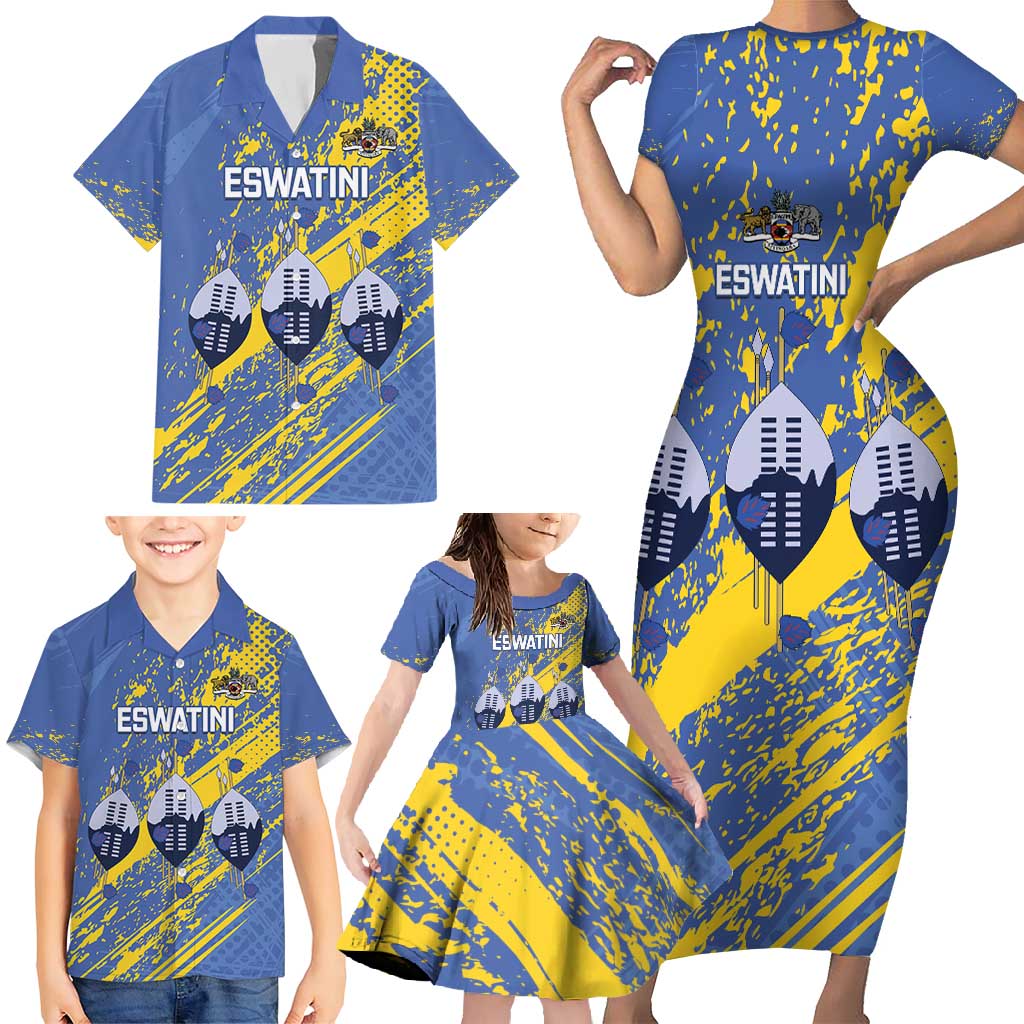 Eswatini Football Custom Family Matching Short Sleeve Bodycon Dress and Hawaiian Shirt Sihlangu Semnikati Blue - Wonder Print Shop