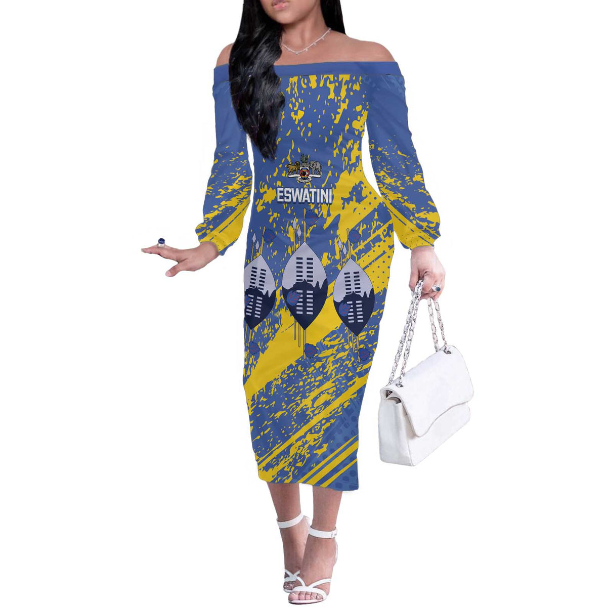 Eswatini Football Custom Off The Shoulder Long Sleeve Dress Sihlangu Semnikati Blue - Wonder Print Shop