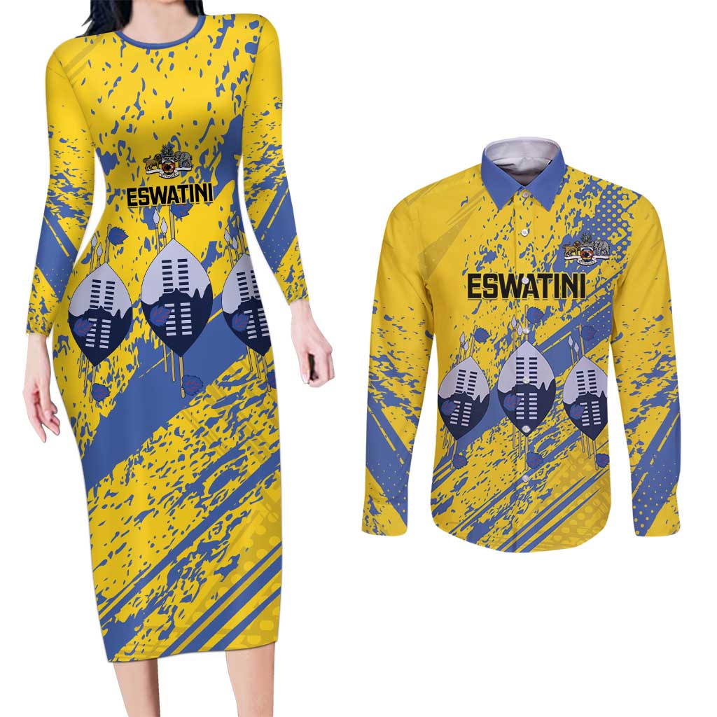Eswatini Football Custom Couples Matching Long Sleeve Bodycon Dress and Long Sleeve Button Shirt Sihlangu Semnikati Yellow - Wonder Print Shop