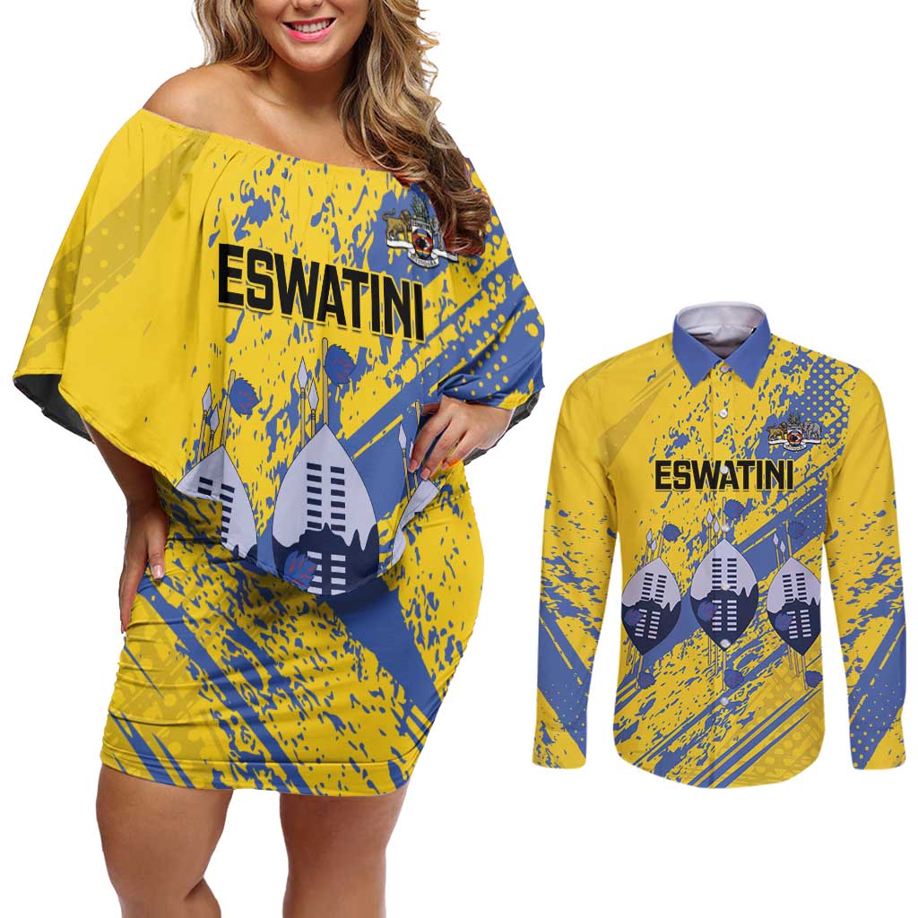Eswatini Football Custom Couples Matching Off Shoulder Short Dress and Long Sleeve Button Shirt Sihlangu Semnikati Yellow - Wonder Print Shop