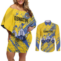 Eswatini Football Custom Couples Matching Off Shoulder Short Dress and Long Sleeve Button Shirt Sihlangu Semnikati Yellow - Wonder Print Shop