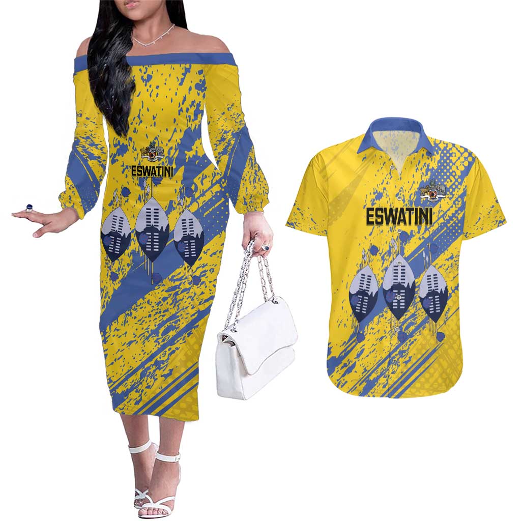 Eswatini Football Custom Couples Matching Off The Shoulder Long Sleeve Dress and Hawaiian Shirt Sihlangu Semnikati Yellow - Wonder Print Shop