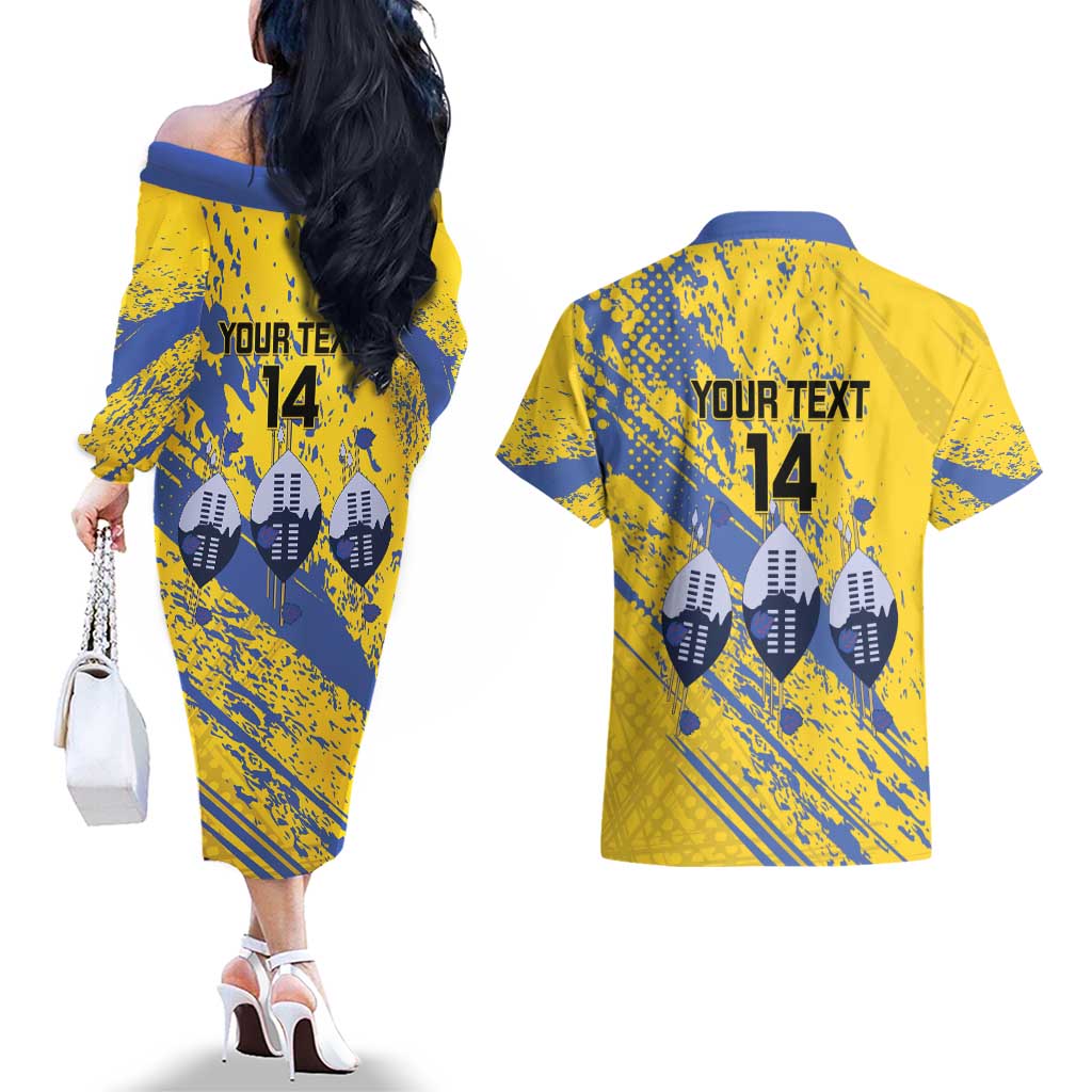 Eswatini Football Custom Couples Matching Off The Shoulder Long Sleeve Dress and Hawaiian Shirt Sihlangu Semnikati Yellow - Wonder Print Shop