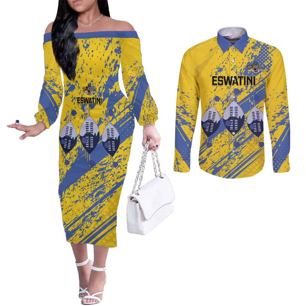 Eswatini Football Custom Couples Matching Off The Shoulder Long Sleeve Dress and Long Sleeve Button Shirt Sihlangu Semnikati Yellow - Wonder Print Shop