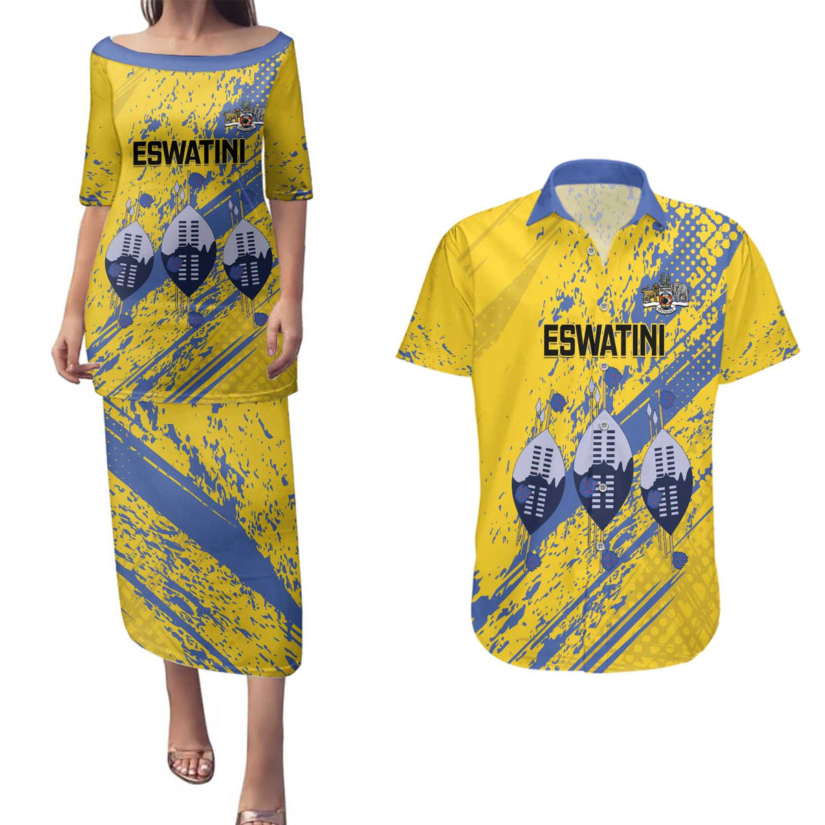 Eswatini Football Custom Couples Matching Puletasi and Hawaiian Shirt Sihlangu Semnikati Yellow - Wonder Print Shop