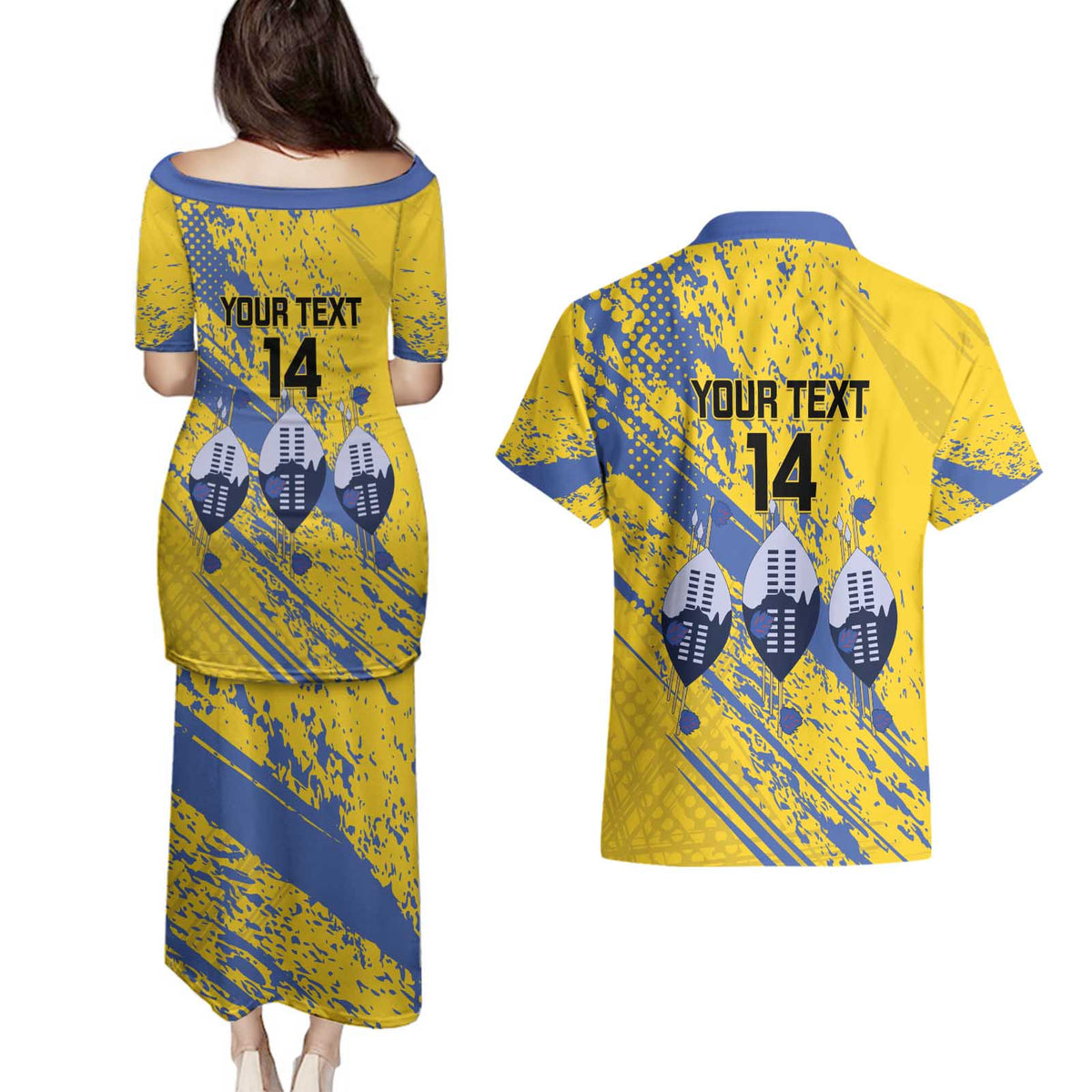 Eswatini Football Custom Couples Matching Puletasi and Hawaiian Shirt Sihlangu Semnikati Yellow - Wonder Print Shop