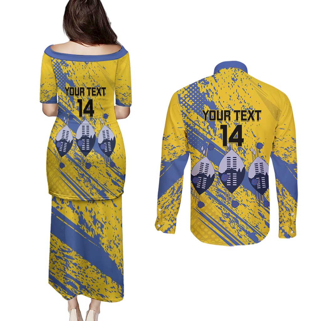 Eswatini Football Custom Couples Matching Puletasi and Long Sleeve Button Shirt Sihlangu Semnikati Yellow - Wonder Print Shop