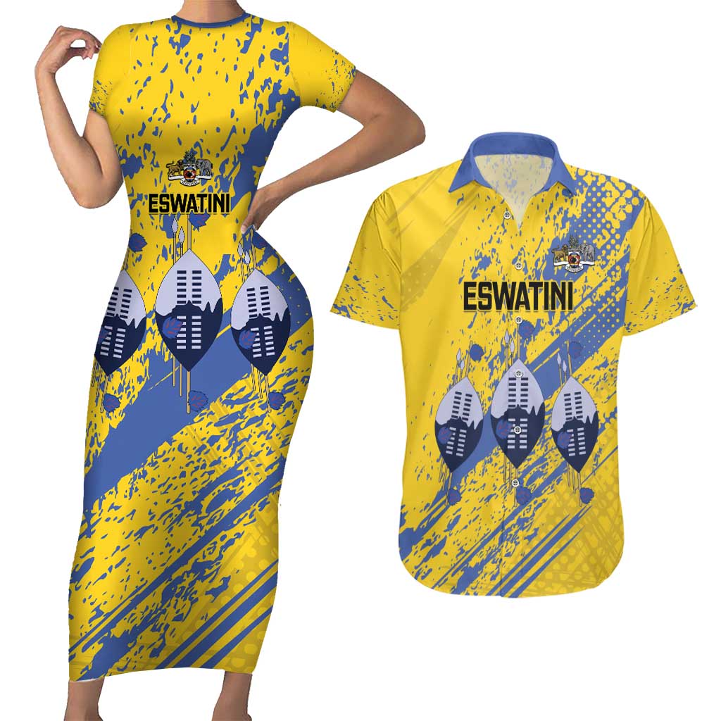 Eswatini Football Custom Couples Matching Short Sleeve Bodycon Dress and Hawaiian Shirt Sihlangu Semnikati Yellow - Wonder Print Shop