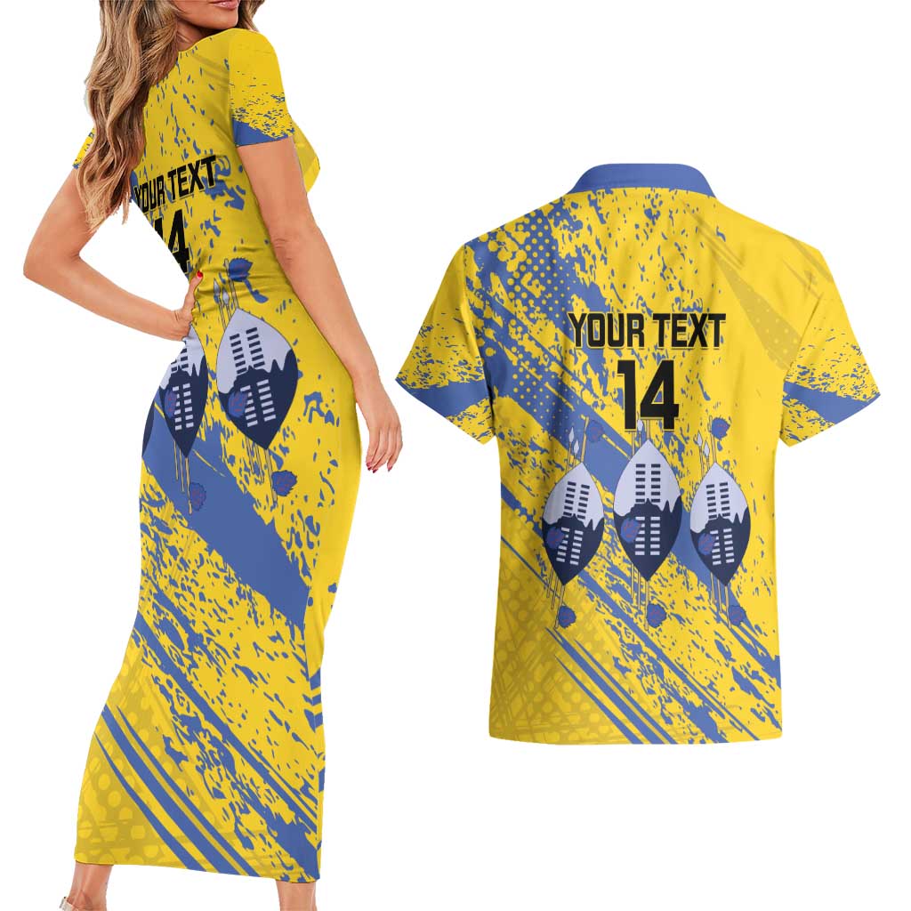 Eswatini Football Custom Couples Matching Short Sleeve Bodycon Dress and Hawaiian Shirt Sihlangu Semnikati Yellow - Wonder Print Shop