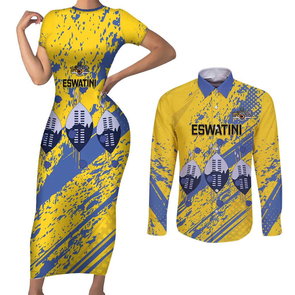 Eswatini Football Custom Couples Matching Short Sleeve Bodycon Dress and Long Sleeve Button Shirt Sihlangu Semnikati Yellow - Wonder Print Shop