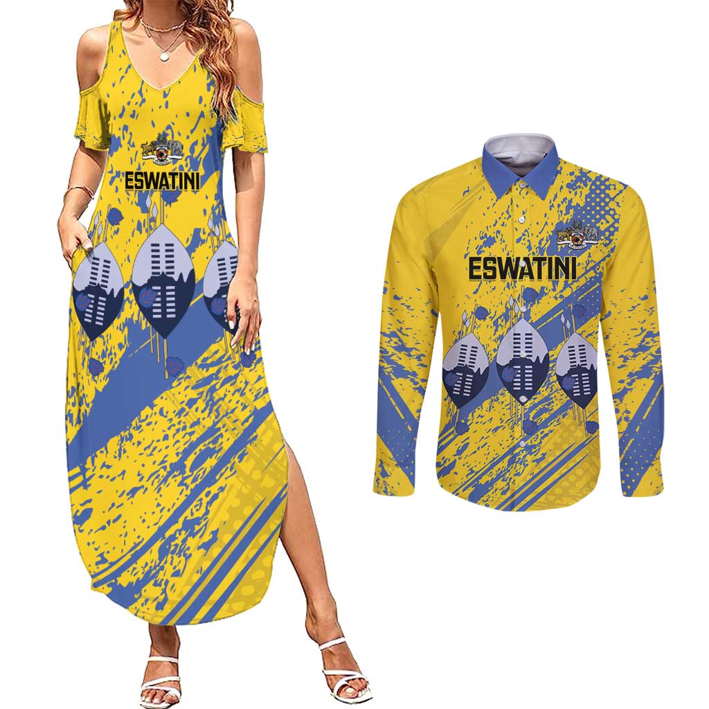 Eswatini Football Custom Couples Matching Summer Maxi Dress and Long Sleeve Button Shirt Sihlangu Semnikati Yellow - Wonder Print Shop