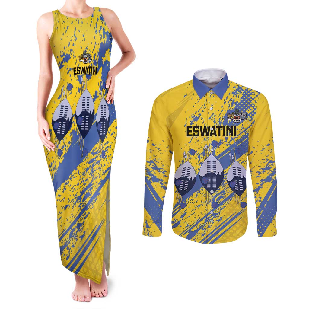 Eswatini Football Custom Couples Matching Tank Maxi Dress and Long Sleeve Button Shirt Sihlangu Semnikati Yellow - Wonder Print Shop