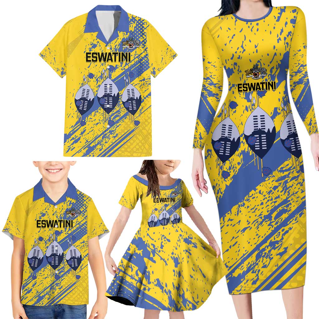 Eswatini Football Custom Family Matching Long Sleeve Bodycon Dress and Hawaiian Shirt Sihlangu Semnikati Yellow - Wonder Print Shop