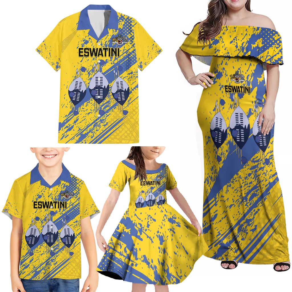Eswatini Football Custom Family Matching Off Shoulder Maxi Dress and Hawaiian Shirt Sihlangu Semnikati Yellow - Wonder Print Shop