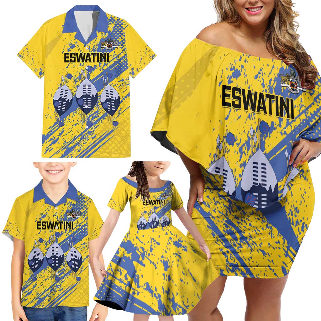 Eswatini Football Custom Family Matching Off Shoulder Short Dress and Hawaiian Shirt Sihlangu Semnikati Yellow - Wonder Print Shop