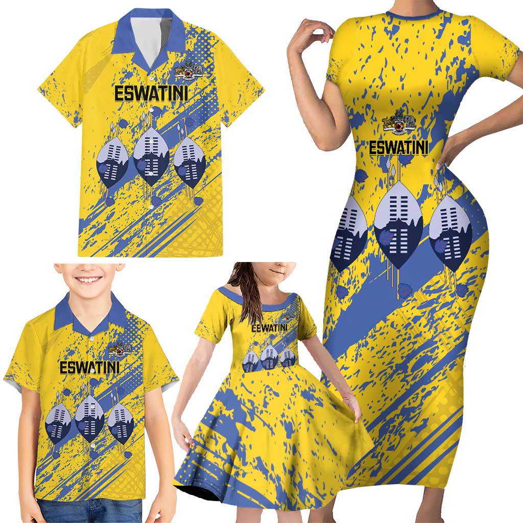 Eswatini Football Custom Family Matching Short Sleeve Bodycon Dress and Hawaiian Shirt Sihlangu Semnikati Yellow - Wonder Print Shop