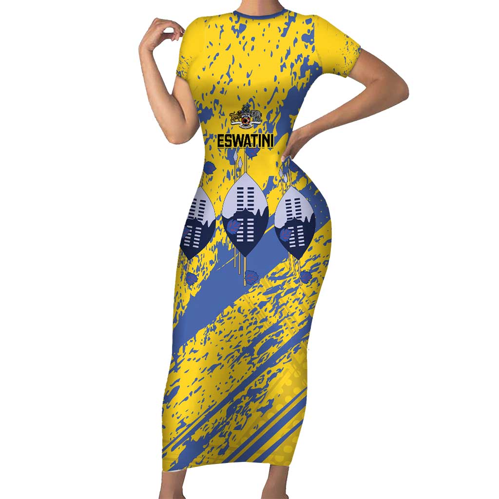 Eswatini Football Custom Family Matching Short Sleeve Bodycon Dress and Hawaiian Shirt Sihlangu Semnikati Yellow - Wonder Print Shop