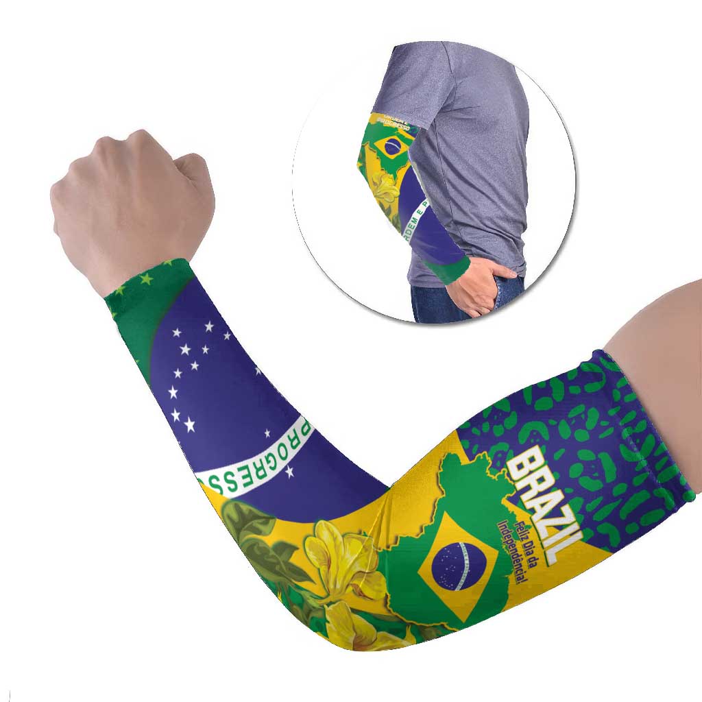 Brazil Independence Day Arm Sleeves Ordem e Progresso Map With Golden Trumpet - Wonder Print Shop