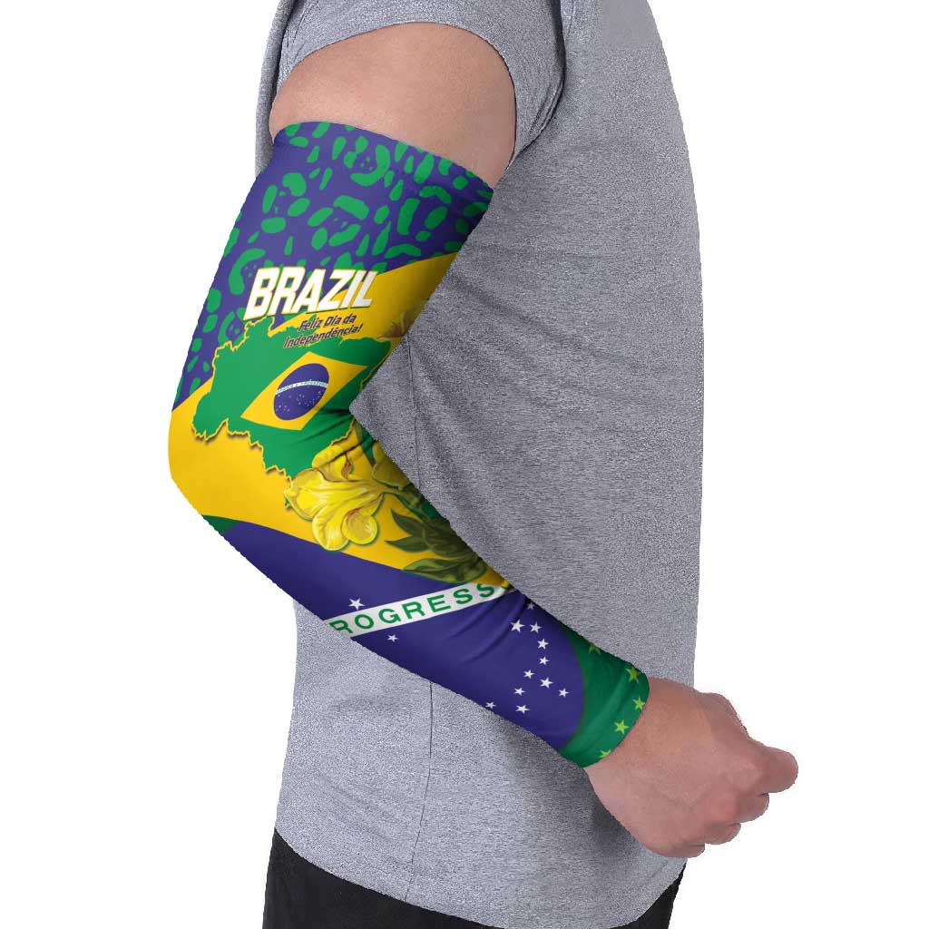 Brazil Independence Day Arm Sleeves Ordem e Progresso Map With Golden Trumpet - Wonder Print Shop