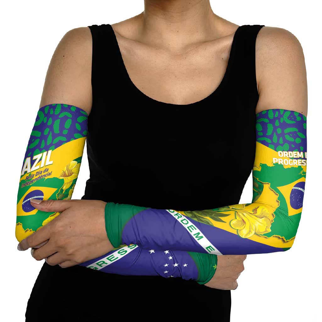 Brazil Independence Day Arm Sleeves Ordem e Progresso Map With Golden Trumpet - Wonder Print Shop