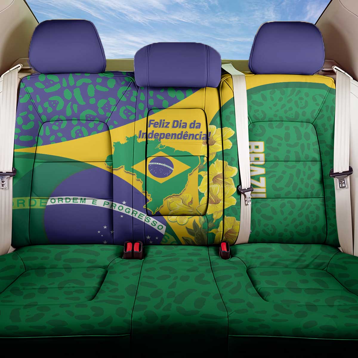 Brazil Independence Day Back Car Seat Cover Ordem e Progresso Map With Golden Trumpet - Wonder Print Shop
