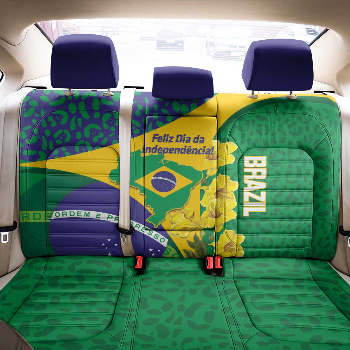 Brazil Independence Day Back Car Seat Cover Ordem e Progresso Map With Golden Trumpet - Wonder Print Shop